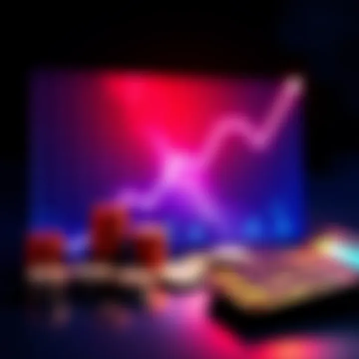 A line graph showing an upward trend in investment over time, symbolizing consistent dollar-cost averaging, with coins and a calculator beside it.