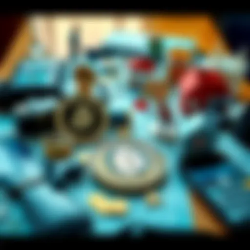 An assortment of investment items like stocks, real estate, and bonds laid out on a table, symbolizing alternatives to Bitcoin.