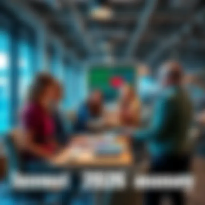A diverse group of people discussing various investment options such as stocks, real estate, and technology in a modern office setting