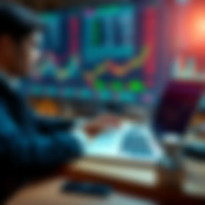 A person analyzing market trends and investment options on a laptop while sitting at a desk with financial charts in the background.