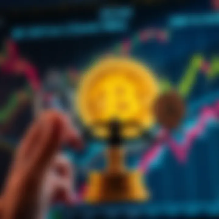 A person weighing options between lump sum investment and dollar-cost averaging for Bitcoin, with cryptocurrency graphics in the background.