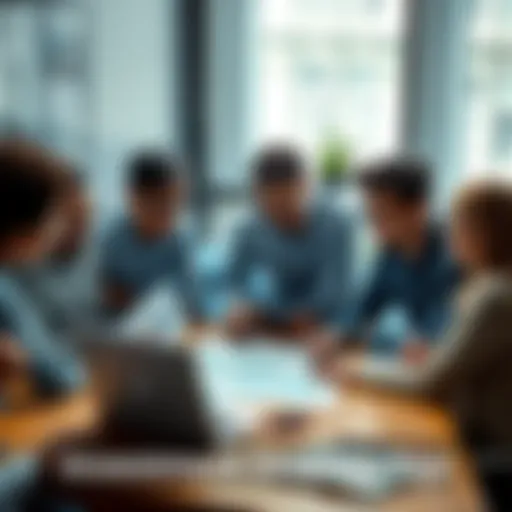 A group of people discussing investment strategies around a table with charts and graphs on a laptop.