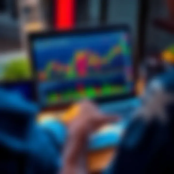 A person analyzing stock market graphs on a laptop with financial charts showing upward trends.