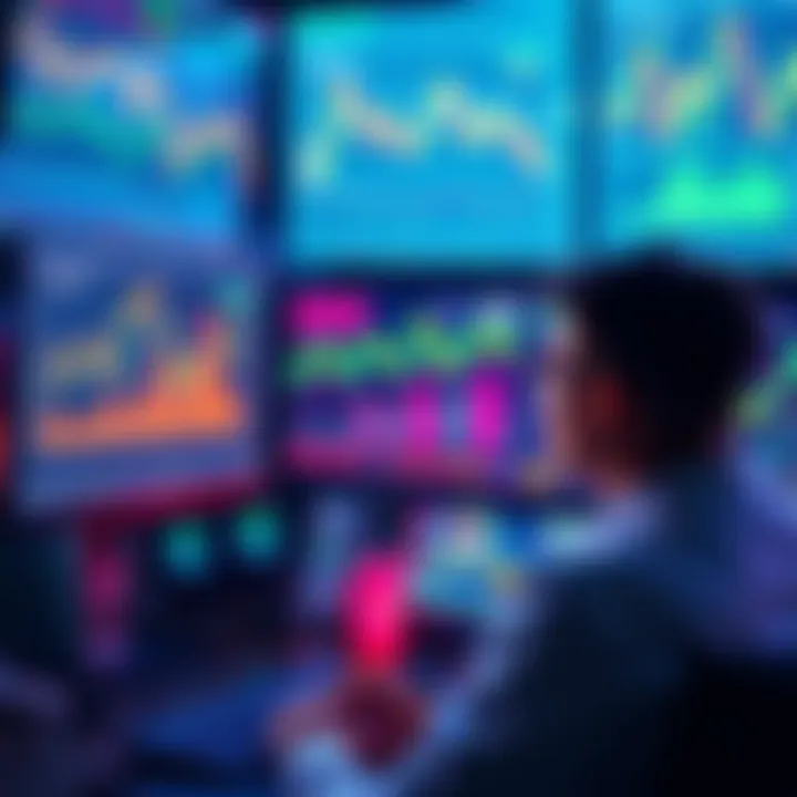 Investor Analyzing Crypto Data A person looking at multiple screens filled with cryptocurrency charts and data, trying to make sense of the market trends.