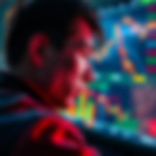 A person staring at cryptocurrency market charts, showing steep declines and fluctuations, reflecting emotional fatigue from market volatility.