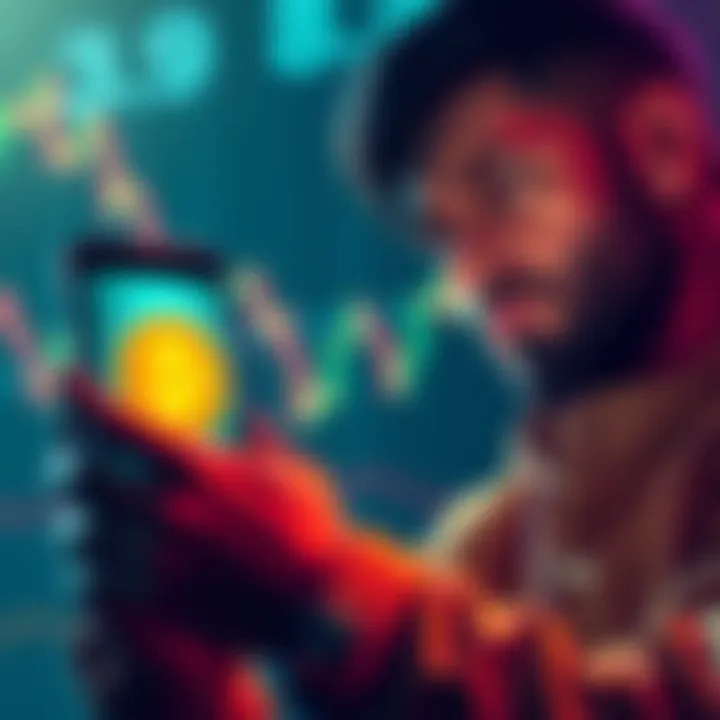 A person looking at a graph showing Dogecoin prices with a determined expression, holding a smartphone displaying the Dogecoin logo