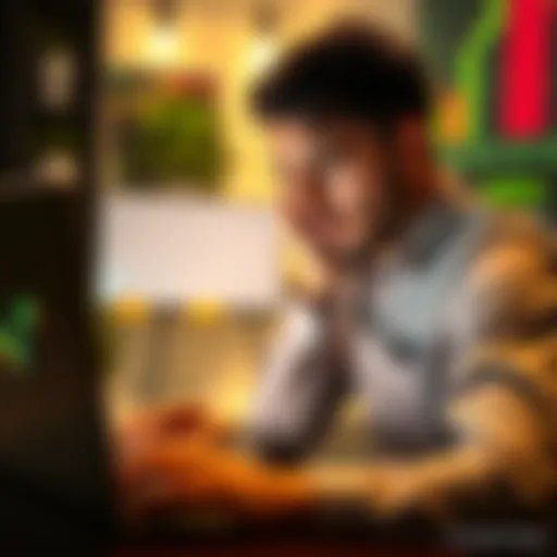 An investor looks stressed while analyzing crypto charts on a laptop, displaying significant losses on the screen.