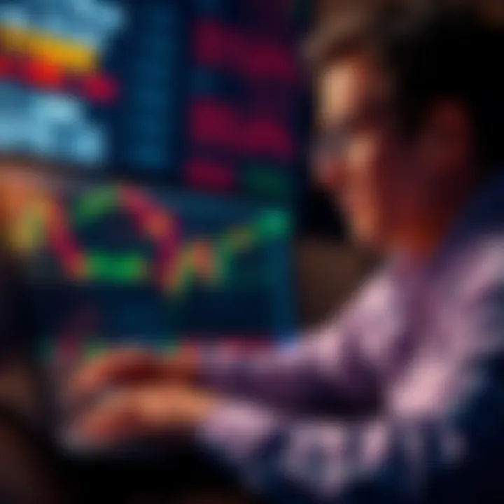 A cryptocurrency investor looking worried while checking market trends on a laptop, showing a downward graph on the screen.