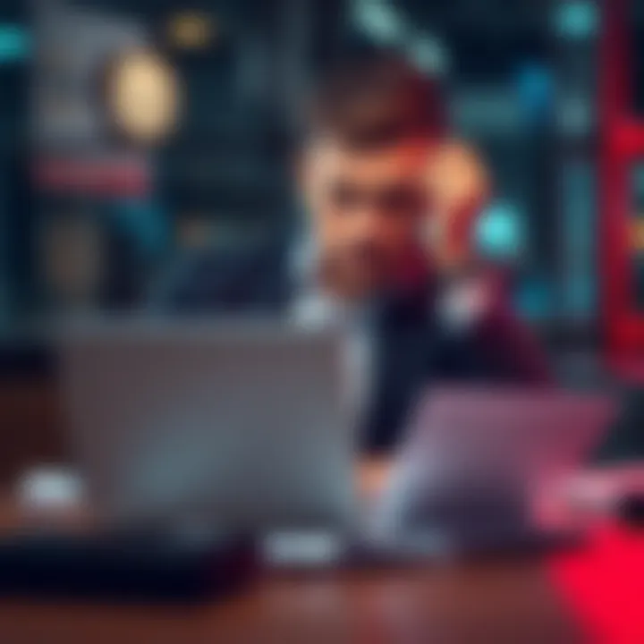An investor sitting at a desk with a laptop, looking concerned while reviewing financial documents, symbolizing disappointment after losing money in investments.