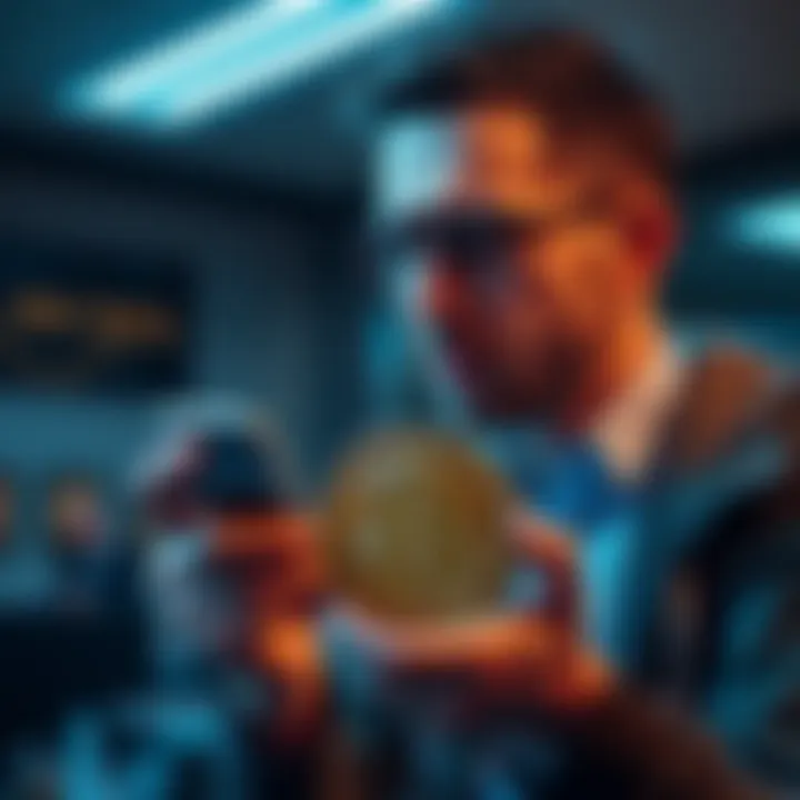 An investor looks concerned while holding a Bitcoin, contemplating selling it due to doubts about its value growth.