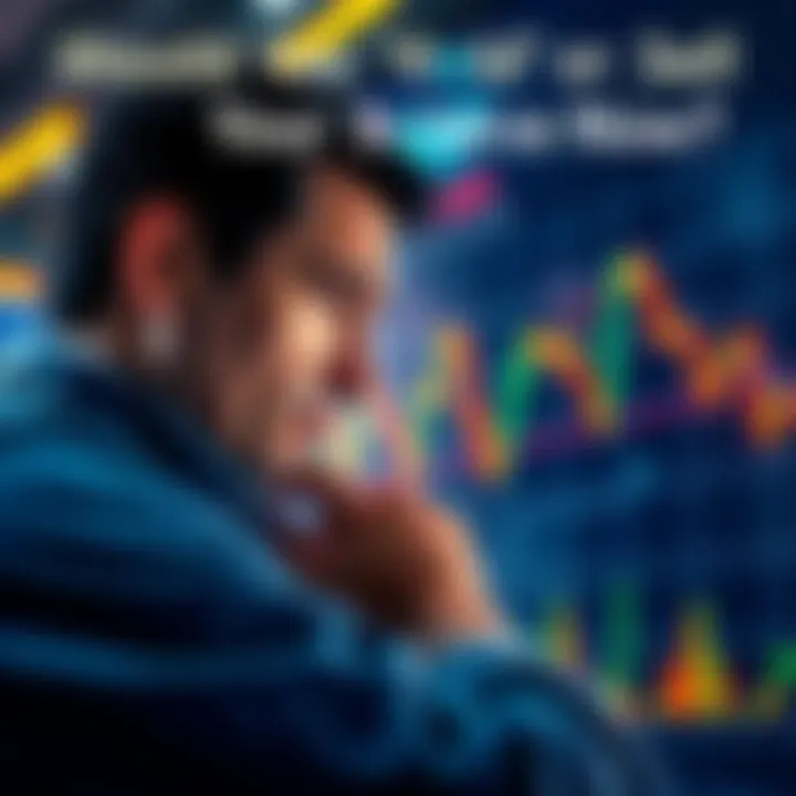 Investor Considering Solana Decision Person looking at a chart with declining values, pondering whether to sell or hold Solana cryptocurrency, looking stressed and focused.