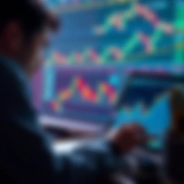 A focused investor analyzing stock charts on a laptop, with graphs showing market fluctuations in the background.