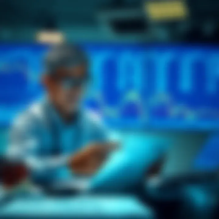 An investor looking at financial graphs and charts, considering a new investment to balance a declining portfolio.