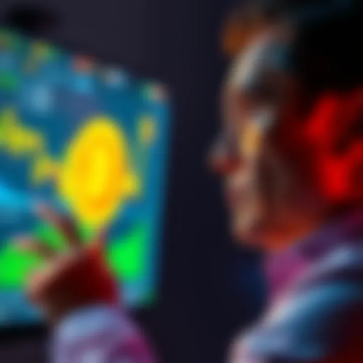 A determined investor looking at a digital screen showing Bitcoin and financial charts, reflecting a commitment to BTCFX