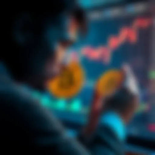 A thoughtful investor looking at a Bitcoin chart showing a decline in prices while holding a Bitcoin coin, contemplating their future investment strategy.