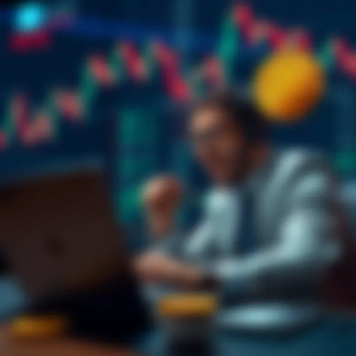 A person excitedly purchasing Bitcoin on a laptop with stock charts in the background