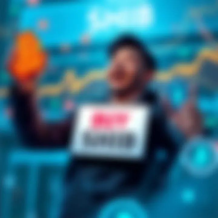 An enthusiastic investor holding a sign that says 'Buy SHIB', symbolizing a positive market sentiment, surrounded by digital currency graphics.