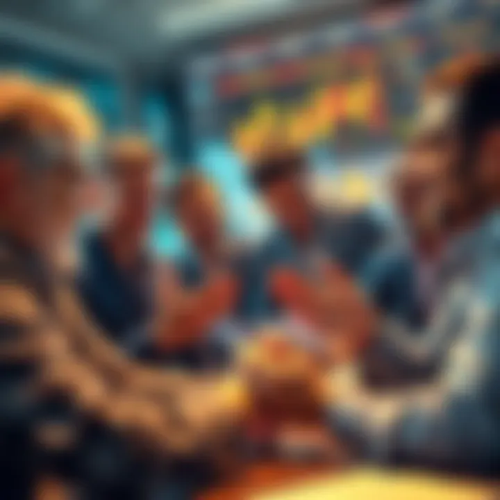 Group of diverse investors discussing AMP with excitement and enthusiasm, showing charts indicating growth and potential.