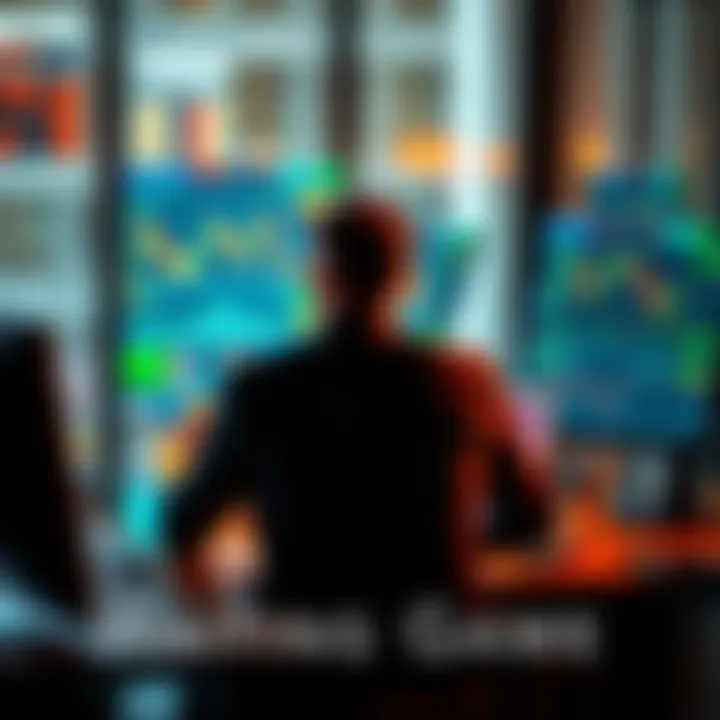 A person sitting at a desk with charts and graphs, looking thoughtfully at market trends on a computer screen