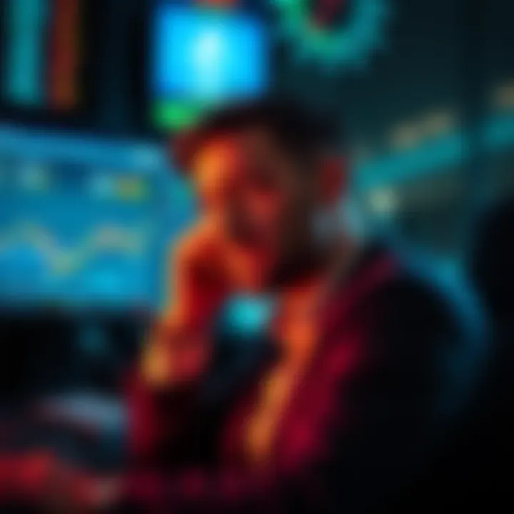 A worried investor looks at a screen showing Ethereum prices and ETF outflows, reflecting concerns about financial decisions and market trends.