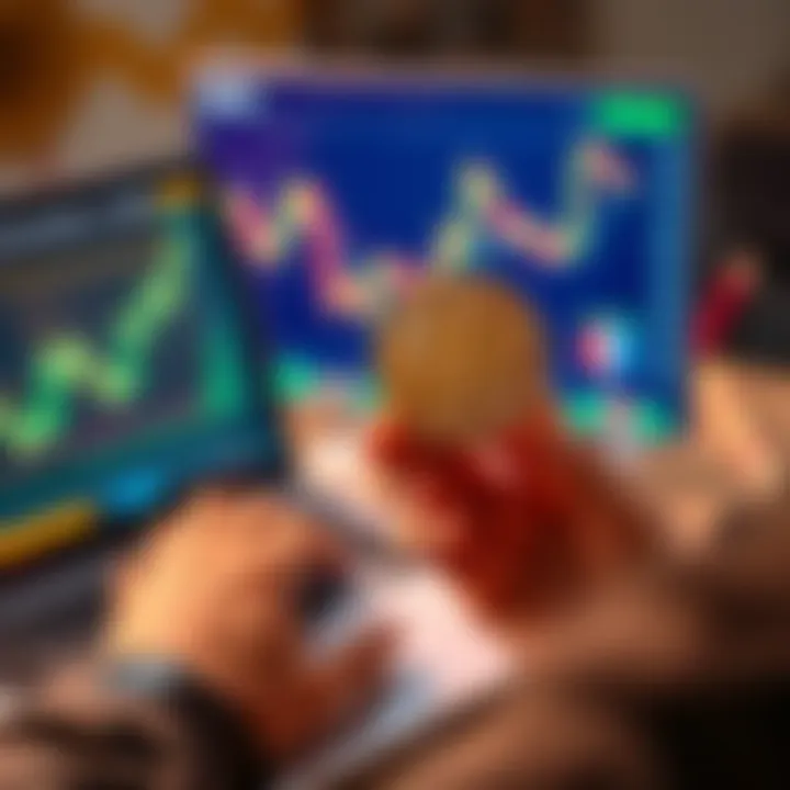 A person looks at Bitcoin charts on a laptop while holding a physical Bitcoin in hand, symbolizing commitment to cryptocurrency investment.
