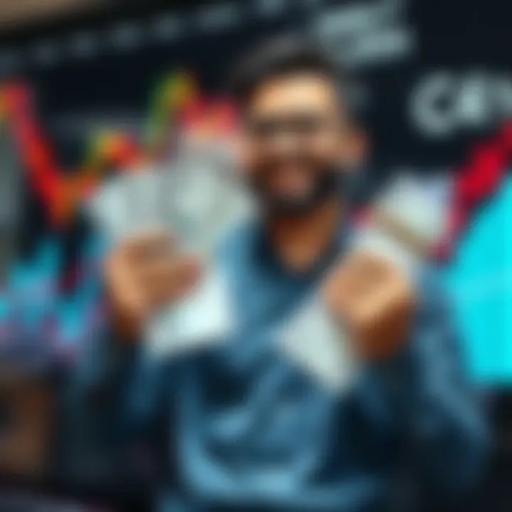 An investor confidently holding stock certificates with a graph showing upward trends in the background.