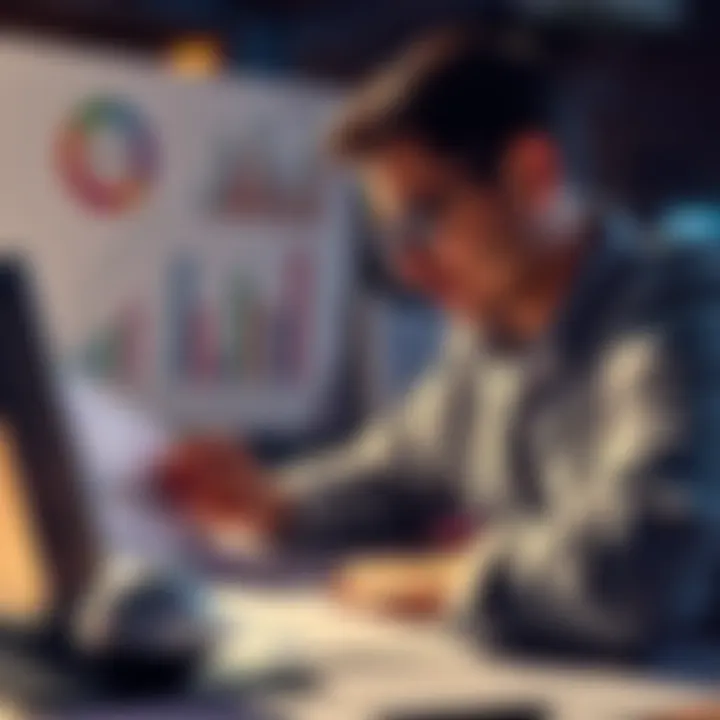 A focused investor reviewing charts and strategies for reaching a $200,000 savings target with a backup plan in mind.