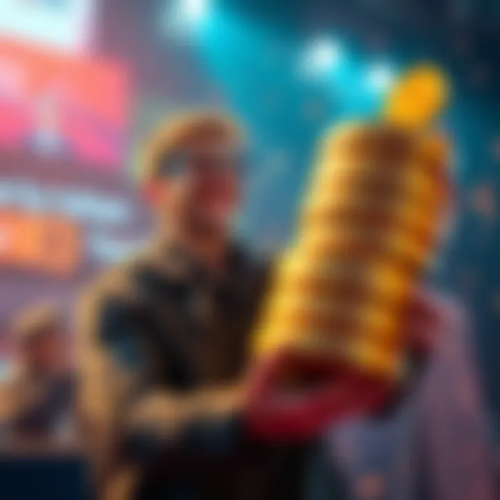 An investor holding a large stack of tokens, showing excitement after increasing their holdings to one million tokens following a price rise.