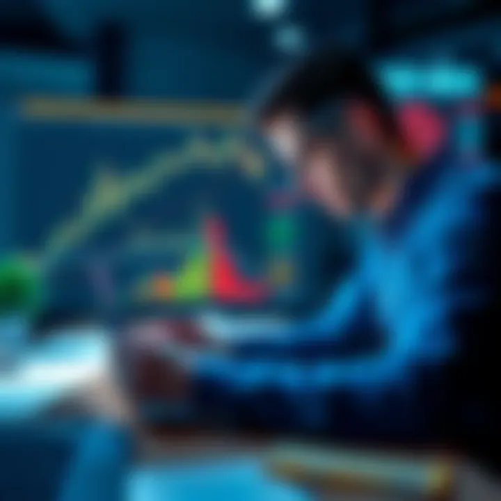 An investor analyzing charts and stock trends on a laptop, with financial graphs and data visible on the screen.