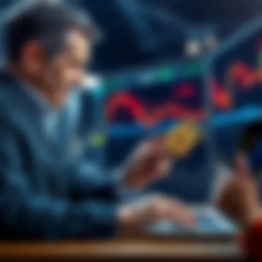 An investor withdrawing Bitcoin cash from a digital wallet, looking at market charts on a laptop, indicating a decision to sell and plan to buy back lower.