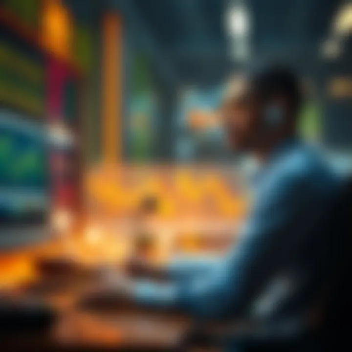 An investor at a trading desk selling stocks on a computer screen