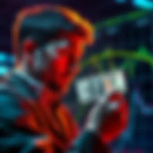 An investor looking at a chart showing Solana's fluctuating value while holding a $5 bill, symbolizing a regular weekly investment.