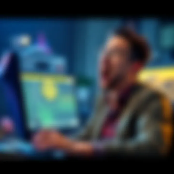 A person excitedly staking DOT cryptocurrency with a computer in the background, looking for validators.
