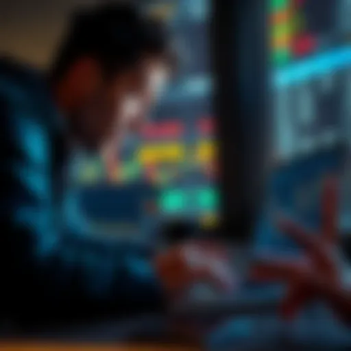 A person staring at a stock chart on a laptop, showing declining prices and a worried expression, symbolizing regret in investment choices.
