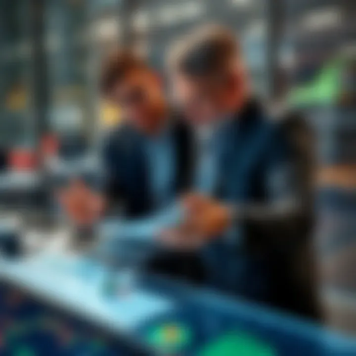 Investors Analyzing Market Trends Two investors discussing market trends with graphs and charts showing potential profits