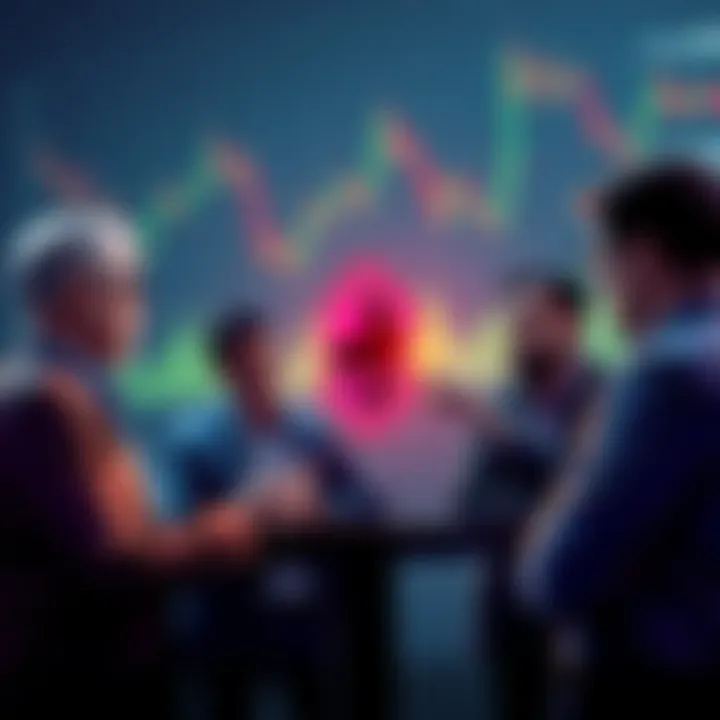 A group of investors discussing cryptocurrency purchases, focusing on Ethereum, with charts showing market trends in the background