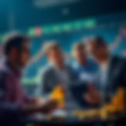 Group of investors discussing and analyzing cryptocurrency prices with charts and graphs