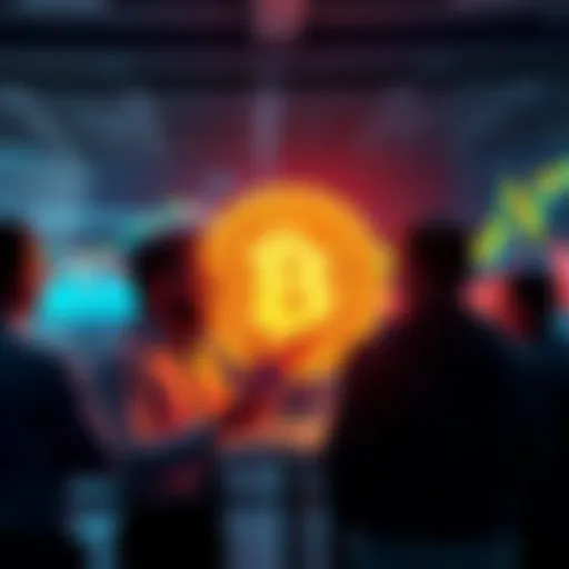 Group of investors discussing a coin priced under 10 cents with charts and graphs in the background