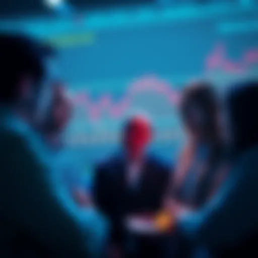 Group of concerned investors discussing the recent drop in Initverse value, with charts showing declining profits in the background
