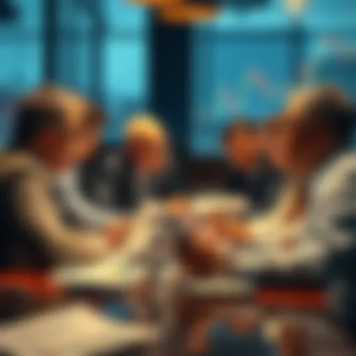 A group of investors at a table, analyzing charts and discussing investment strategies, looking concerned about losses.