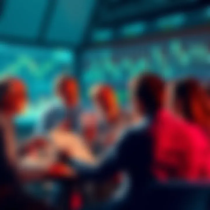 A group of investors engaged in a heated discussion, with charts and graphs surrounding them, reflecting a stagnant market.