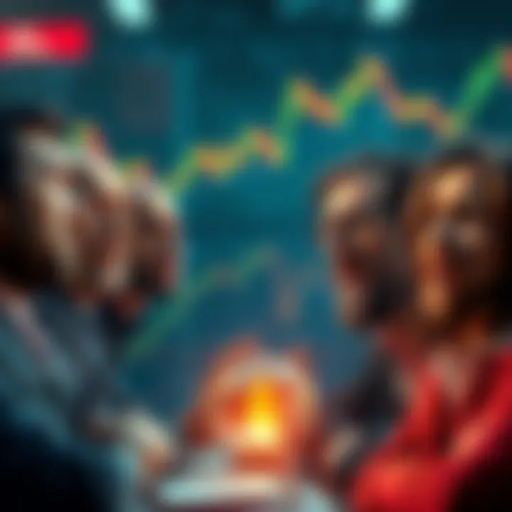 Investors reacting to market changes Group of investors looking shocked as market trends change unexpectedly, with financial charts in the background.