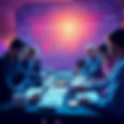 Group of people discussing cryptocurrency strategies with charts and graphs on a table