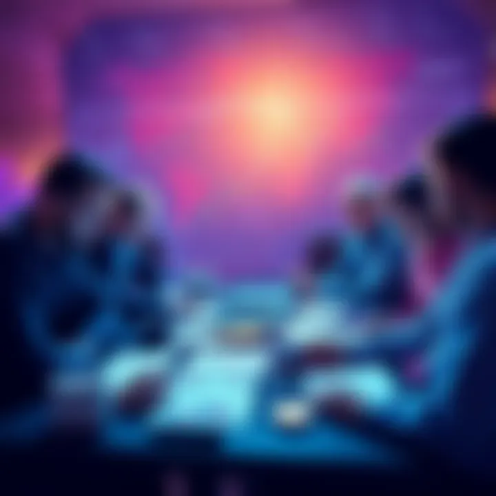 Group of people discussing cryptocurrency strategies with charts and graphs on a table