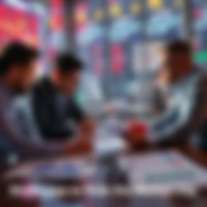 A group of investors discussing strategies with charts and graphs on a table