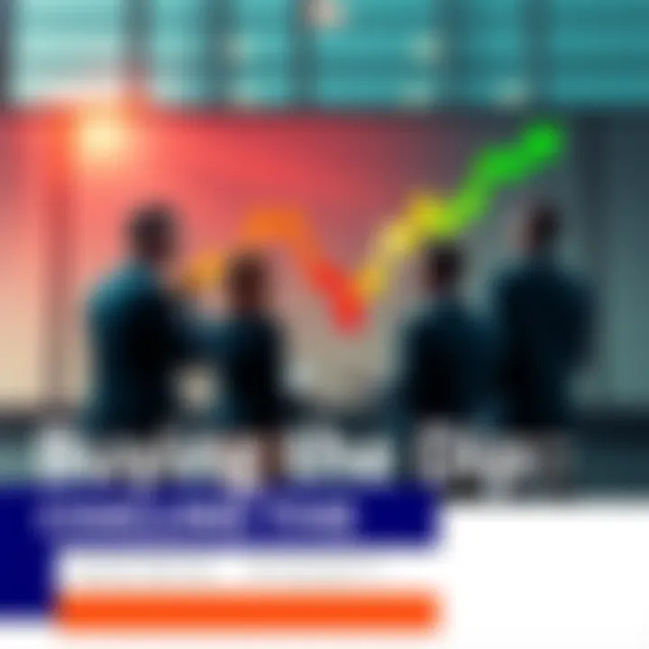 A group of investors discussing market trends and strategies in front of a financial chart with downward arrows symbolizing a dip.