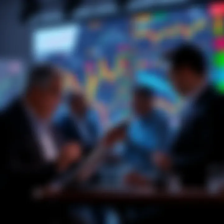 A group of investors looking at market charts and graphs, discussing trends in trading during Uptober.