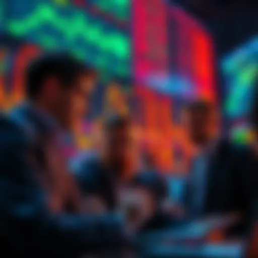 A group of investors discussing strategies in front of stock market charts, amid trading restrictions.