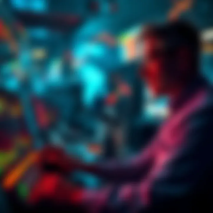 A calm investor analyzing stock charts during a market downturn, symbolizing strategic buying and opportunity in chaos.