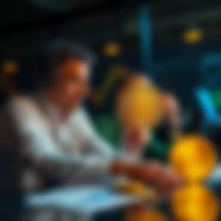 Two investors discussing the benefits of ZEC and BTC, with charts and coins on the table